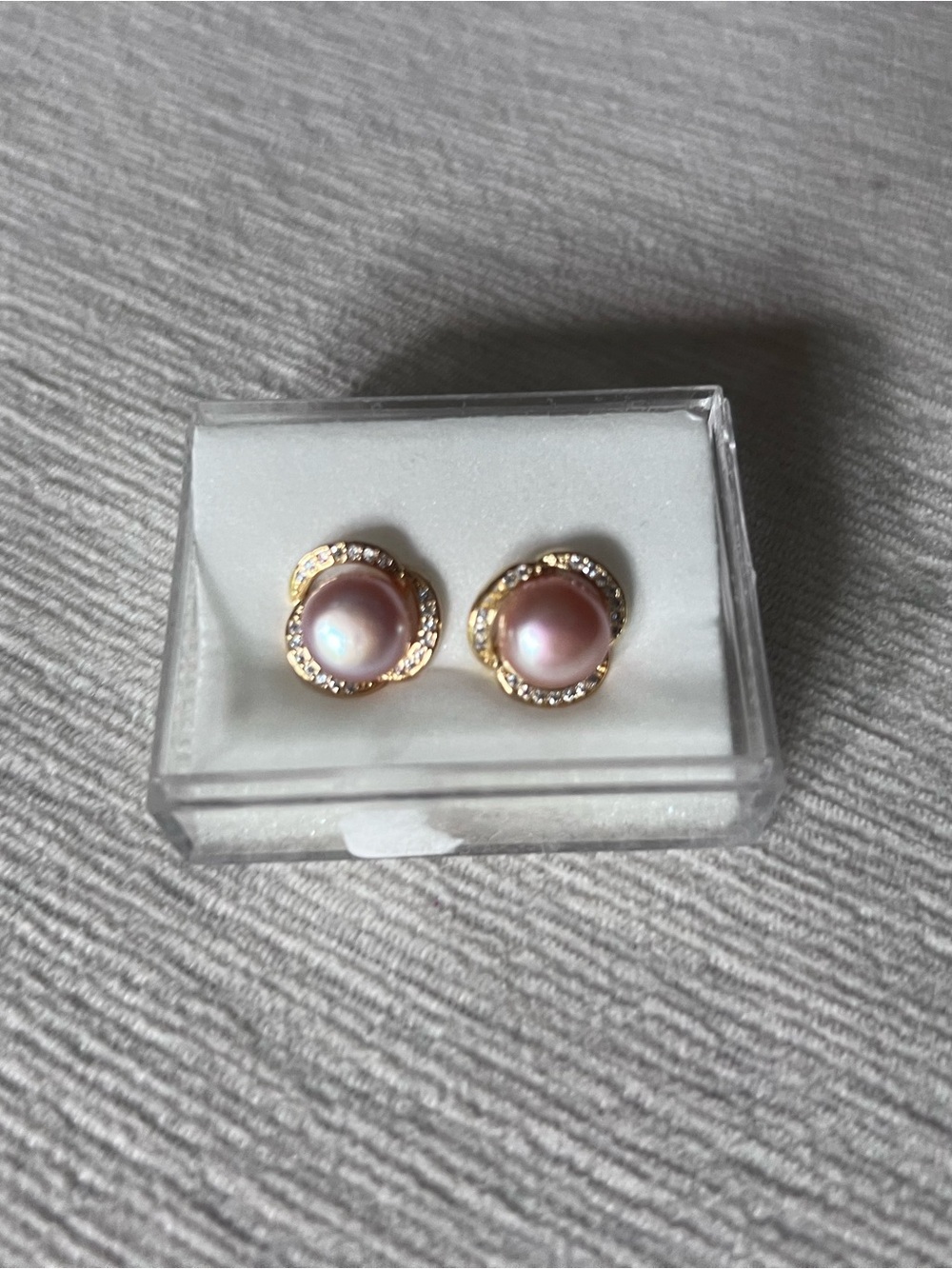 Gold & Pink Pearl Stud Earrings with Crystal Halo